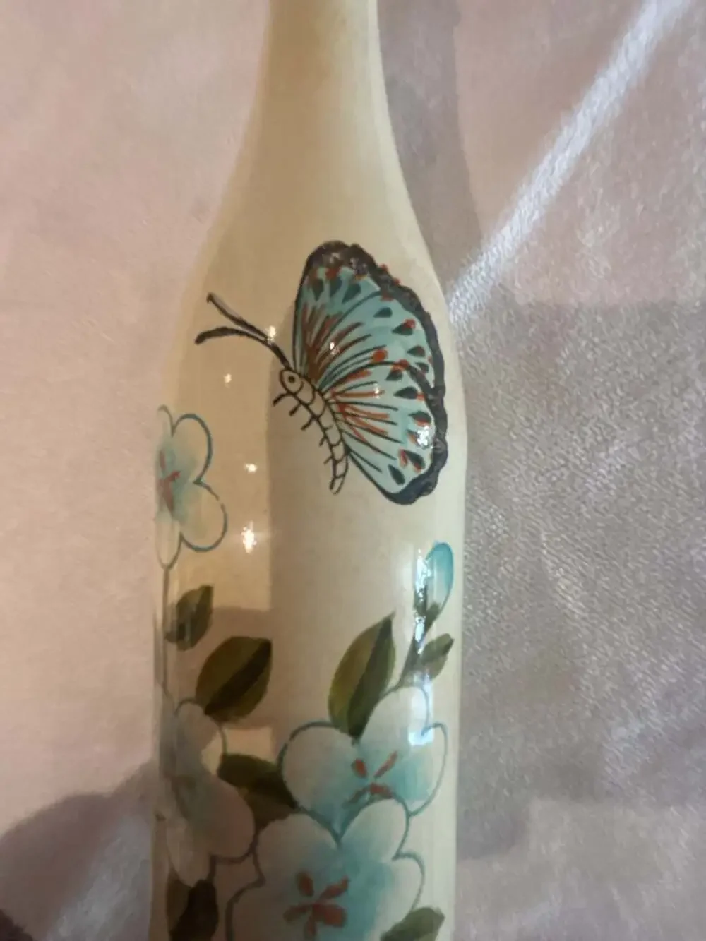 Hand Painted Ceramic Bottle Vase with Blue Flowers and Butterfly